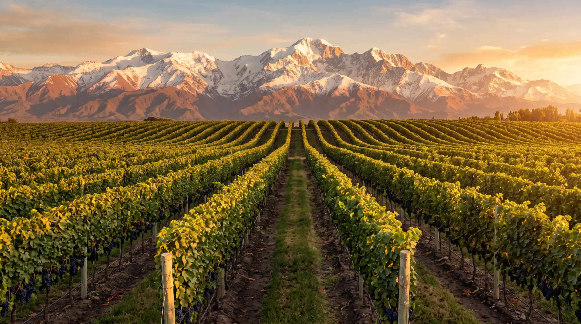 Vinhedos de Malbec em Mendoza com a Cordilheira dos Andes ao fundo